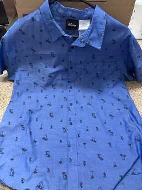 Disney Men's Royal Blue Short-Sleeve Button-Down Shirt with Black Tropical Print